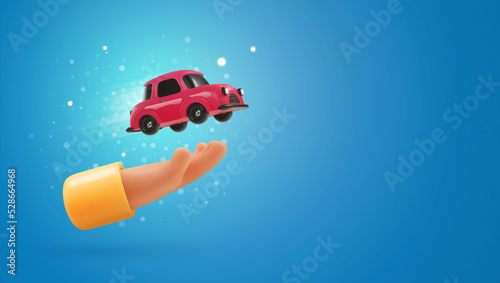 3d cartoon human hand holding a red car vector illustration. Rent, sell cars or carsharing web banner template blue background