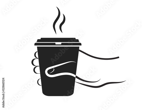 Morning street coffee in a cup. Street food. Vector icon - hand holding a cup.
