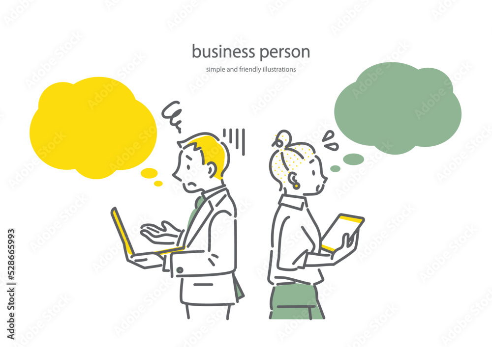 ビジネスパーソン　男女　トラブル　シンプルでお洒落な線画イラスト