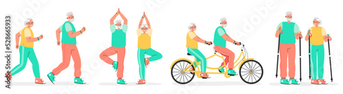 Elderly couple running, doing yoga, riding on tandem bicycle and walking with Smart Watch. Active old age concept. © v.iraa