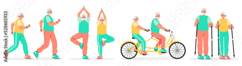 Elderly couple running, doing yoga, riding on tandem bicycle and  walking with Smart Watch. Active old age concept.