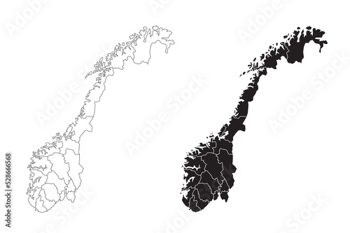 Norway political map. Low detailed. Solid and outline simple style. Black and white. Vector editable