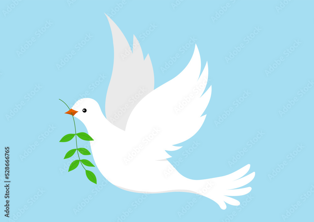 Dove with olive branch peace symbol isolated on white background. Pigeon flying joy bird with olive twig with leaves in the beak. Flat design cartoon style vector illustration. Dove with olive branch peace symbol isolated on white background. Pigeon flying joy bird with olive twig with leaves in the beak. Flat design cartoon style vector illustration.