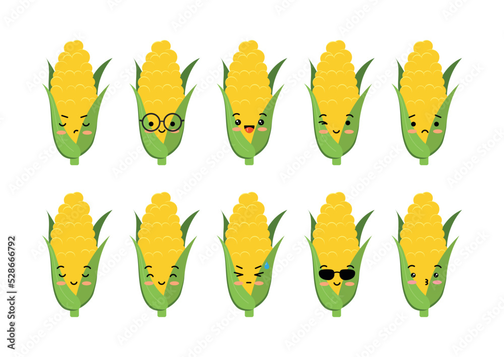 Cute corn cob smile and sad funny cartoon baby character vector set