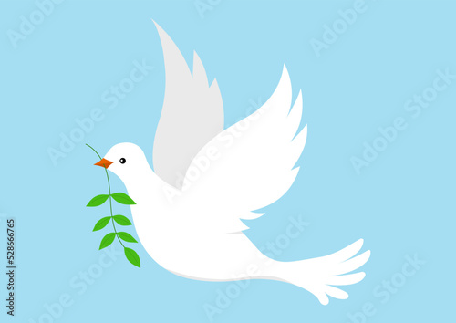 Dove with olive branch peace symbol isolated on white background. Pigeon flying joy bird with olive twig with leaves in the beak. Flat design cartoon style vector illustration.