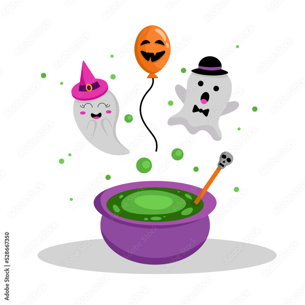 Naklejka premium Vector flat cartoon illustration on Halloween theme. Cute ghosts around the potion