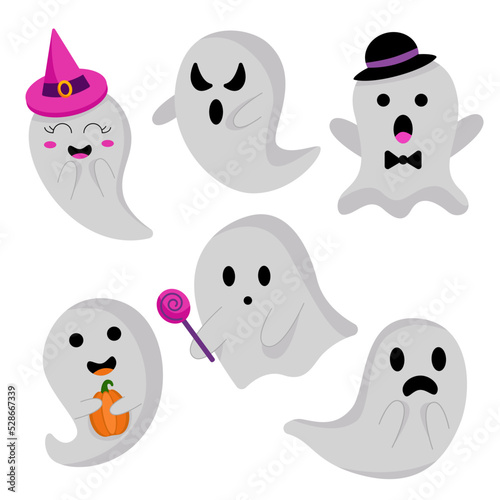 Set of cute Halloween ghosts. Vector flat set of elements for Halloween.