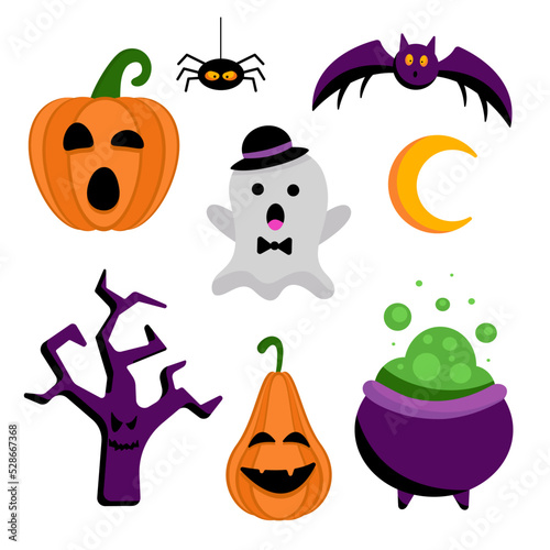 Happy Halloween. Large Vector flat set of elements for Halloween. A collection of pumpkin, ghost, potion, broom and grave.EPS