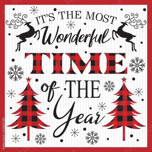 Christmas card, gift bag or box design with christmas lettering, tree, reindeer and buffalo plaid