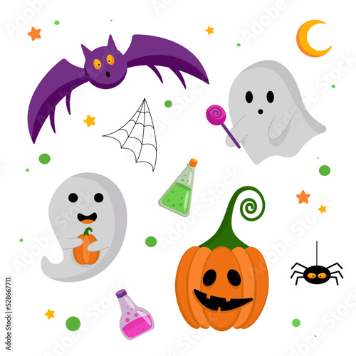 Fototapeta Naklejka Na Ścianę i Meble -  Cute Halloween icons. Vector flat set of elements for Halloween. Ghost, pumpkin, spider web, potion, bat. EPS