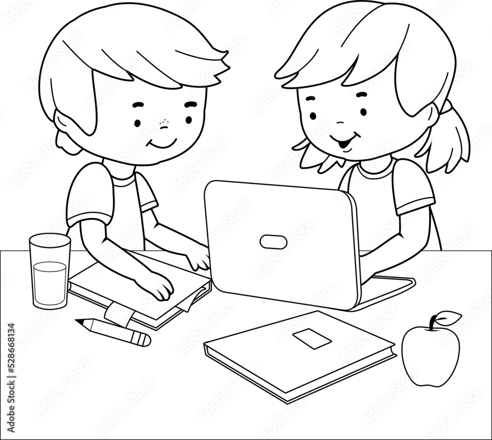 Students at school doing their homework using a computer. Vector black and white coloring page Students at school doing their homework using a computer. Vector black and white coloring page