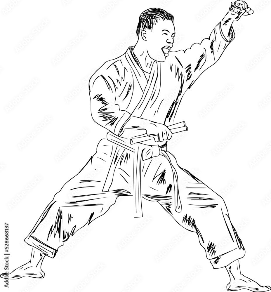 Martial arts vector, Kung fu player cartoon doodle drawing, Outline ...