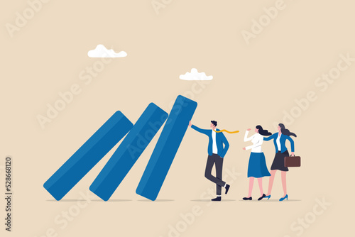 Reliability, trustworthy or skillful leadership protect or solve problem, trust or work responsible, supported partner concept, reliable businessman leader protect domino from collapse on colleagues. photo