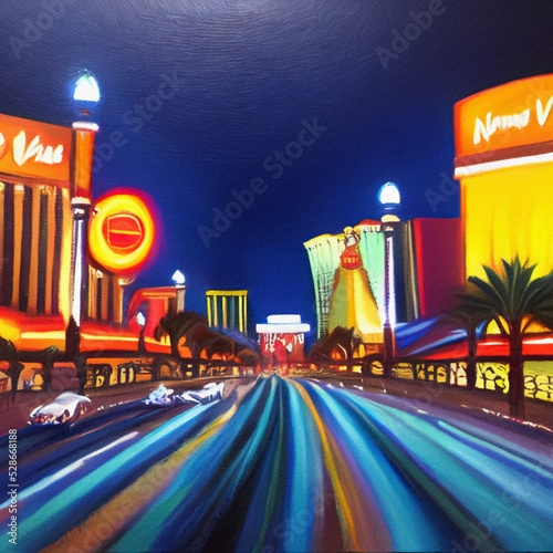 Night in Las Vegas, Nevada. Oil painting modern impressionism art. Bright vibrant colors of neon city at night. Casino, hotels, restaurants, road traffic lights. Wall art print, greeting template