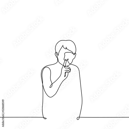 man with a finger to his mouth calls for silence - one line drawing vector. concept vow of silence, in the library, call for silence, ban on talking, censorship