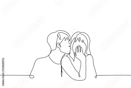 man pulls lips to kiss shy girl - one line drawing vector. concept flirting, falling in love, heterosexual couple, romantic relationship, newlyweds, date