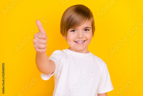 Portrait of attractive lucky cheerful pre-teen boy showing giving thumbup agree ad isolated over bright yellow color background