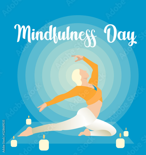 Woman doing breathing exercise. She's meditating in lotus pose. Mindfullness day, mental wellness. Vector illustration