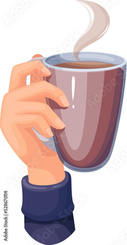 Hand holding glass mug with brown hot drink and steam vector illustration. Cartoon person drinking isolated coffee with milk, morning tea, chocolate or latte from cup, break time for beverage
