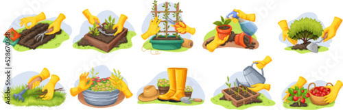 Gardeners hands in rubber gloves work in garden. Cartoon farmer working with growing plants and vegetables with gardening tools, rake, fork, shovel and secateurs isolated set vector illustration