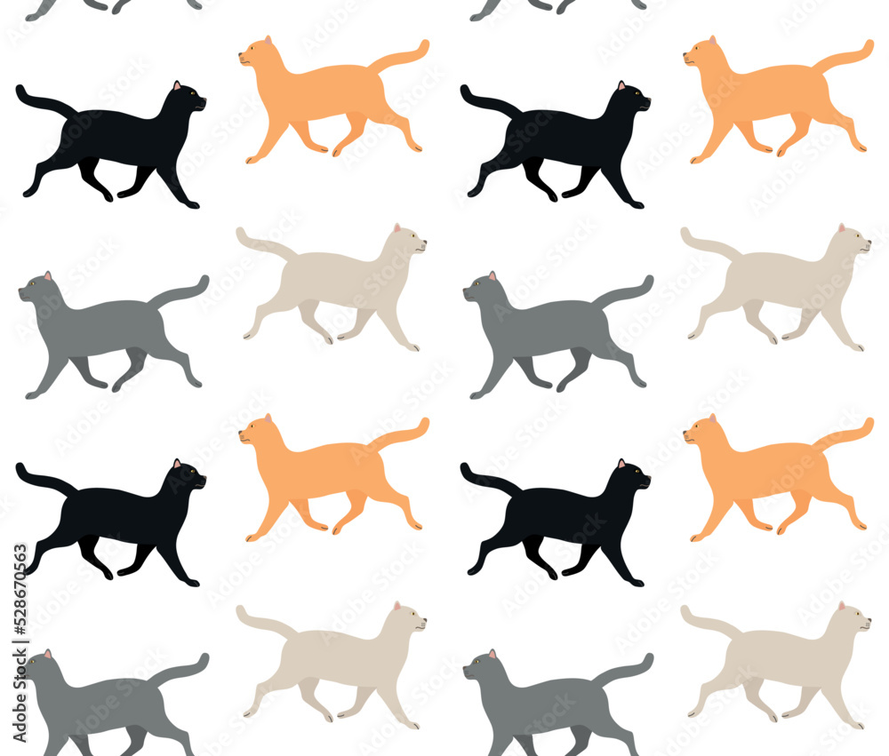 Vector seamless pattern of different color flat hand drawn cat isolated on white background