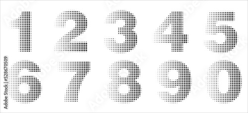 Decorative monochrome gradient halftone numbers from one to nine.