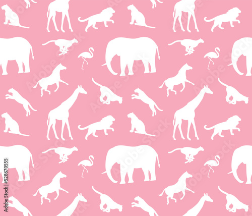 Vector seamless pattern of flat african wild animals silhouette isolated on pink background