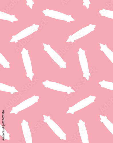Vector seamless pattern of hand drawn longboard skateboard silhouette isolated on pink background
