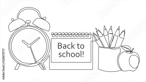 Back to school. One continuous line drawing of pencil case, alarm clocks and calendar on office desk. Stationery for study and tidy on the table. Happy study. Smart education concept vector.
