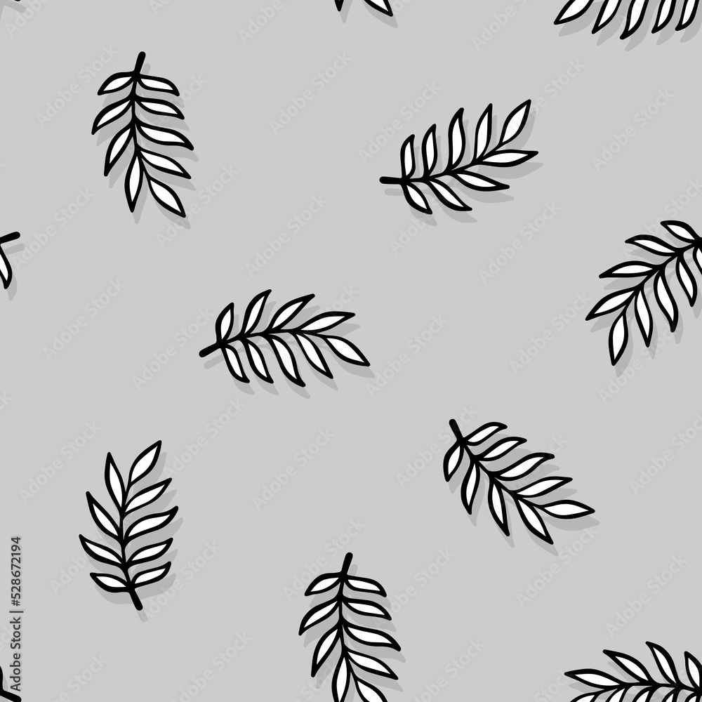 Hand drawn messy branches with leaves. Abstract botanical vector illustration. Black and white seamless pattern isolated on gray background.