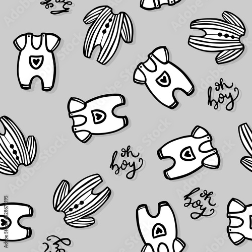 Hand drawn messy baby outfits with oh boy words. Abstract linear vector illustration. Black and white seamless pattern isolated on gray background.