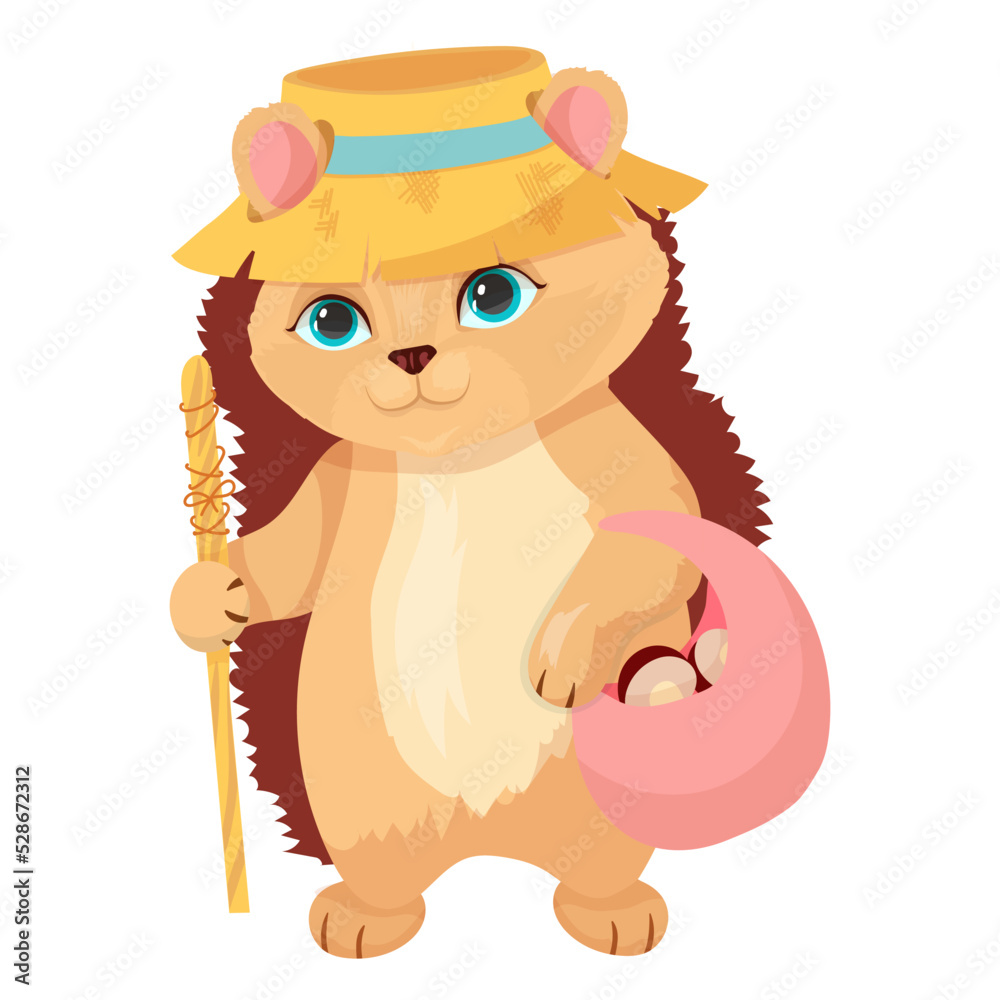 A cute hedgehog collects mushrooms. Autumn entertainment. Cheerful porcupine. Vector illustration on a white background. A cute hedgehog collects mushrooms. Autumn entertainment. Cheerful porcupine. Vector illustration on a white background.