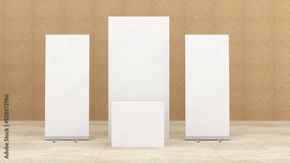 3d rendering of Blank white panel, Help Desk or Reception Desk, Registration Desk with Standee in hotel reception or pre-function area for mockup. - obrazy, fototapety, plakaty 