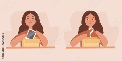 Unboxing or unpacking concept. Happy girl unboxing a new tablet or phone, and sad girl crying over empty box. Getting and not getting a new tablet or phone. Vector illustration.