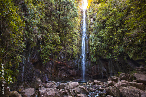 Levada 25 Fontes and Risco waterfall in Rabacal, Madeira Island, Portugal. photo