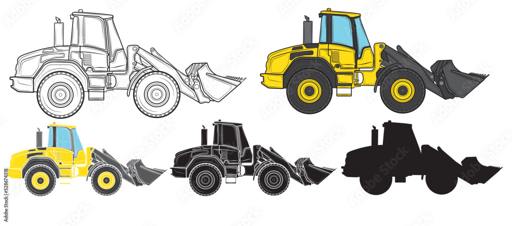 Set of Bulldozer in isolate on a white background. Construction equipment. Vector illustration. Set of Bulldozer in isolate on a white background. Construction equipment. Vector illustration.