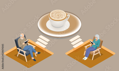 Isometric grandparents sit in armchairs, read a book online and drink coffee. Happy elderly married couple resting at home. Recreation, relaxation concept
