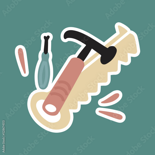 Set of tools.Vector stickers in doodle flat cartoon style. Repair, worker, building, interior renovation. Hammer, screwdriver, saw.
