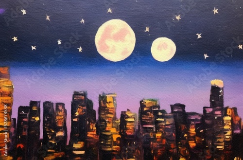 Night in New York, NY. Oil painting modern impressionism art. Bright vibrant colors of neon night city. Avenue, houses, road traffic lights, skyscrapers, Manhattan. Wall art print, greeting template