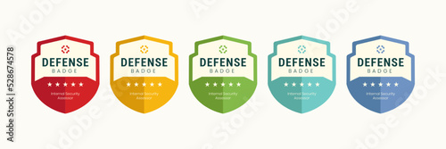Digital badge shield defense design. Vector emblem certified company training. Protect icon with 5 stars.