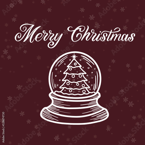 Traditional celebration vector art design postcard for holiday with lights, calligraphy Happy New Year, Merry Christmas. Snowy winter december vibe with snowball