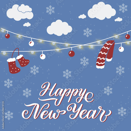 Traditional celebration vector art design postcard for holiday with lights, calligraphy Happy New Year, Merry Christmas. Snowy winter december vibe 