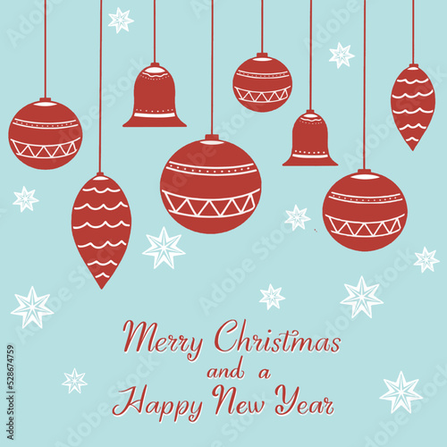 Traditional celebration vector art design postcard for holiday with lights, calligraphy Happy New Year, Merry Christmas. Snowy winter december vibe 