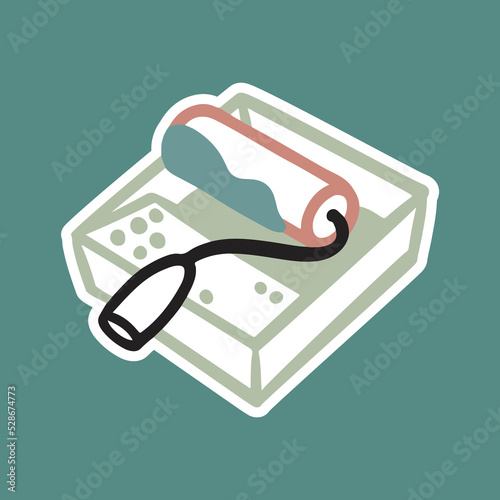 Tray with paint and roller for painting walls. Repair, interior renovation, decor. Vector sticker in doodle flat cartoon style