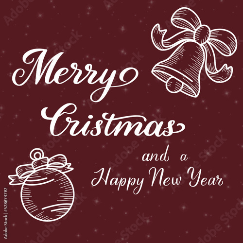 Traditional luxury celebration vector illustration art design postcard or invitation for holiday with lights, snowflakes, calligraphy Happy New Year, Merry Christmas. Snowy winter december vibe 