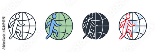 outsourcing. people run on globe icon logo vector illustration. outsource symbol template for graphic and web design collection