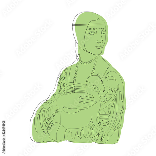 Lady with an Ermine, line art, color spots, minimalism, red, green, blue