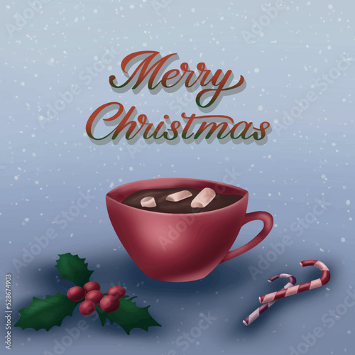 Traditional celebration vector illustration art design postcard for holiday with cup, cacao, candy, calligraphy Happy New Year, Merry Christmas. Snowy winter december vibe 