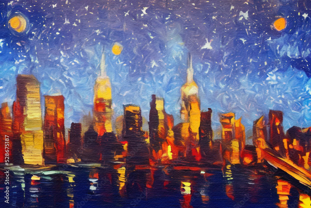Night in New York, NY. Oil painting modern impressionism art. Bright vibrant colors of neon night city. Avenue, houses, road traffic lights, skyscrapers, Manhattan. Wall art print, greeting template
