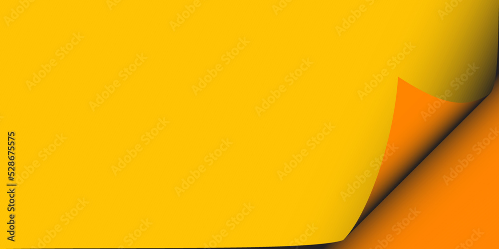 Curled yellow color paper. Page Curl. Bright orange corner. Copy space. Vector illustration. Luxury backdrop. Poster, banner. Wallpaper. Presentation card. Ads. Design for tetxt, message, advertising
